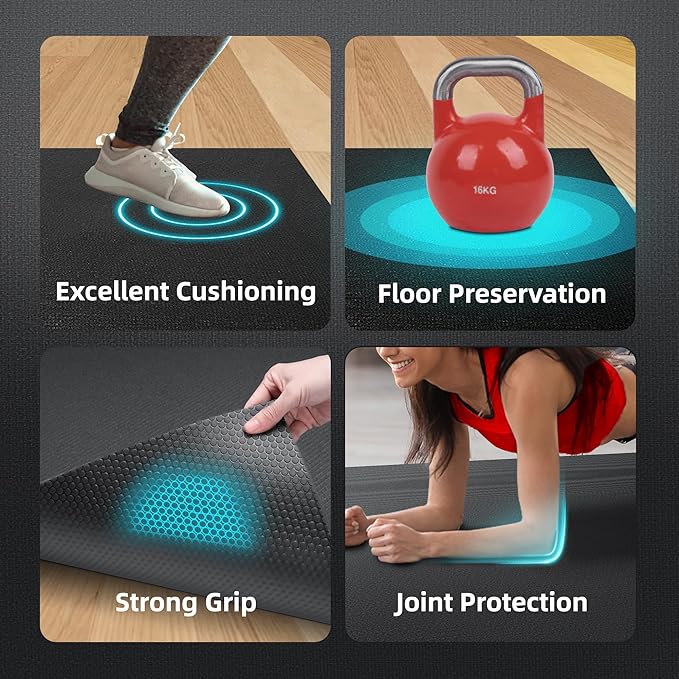 Large Exercise Mat for Home Workout,12‘x6’/10'x6'/9'x6'/8'x6'/7'x5'/6'x4' (7mm) Extra Thick Workout Mat, High-Density Gym Mat for Cardio, Jump Rope, MMA, Weights (Shoe-Friendly)