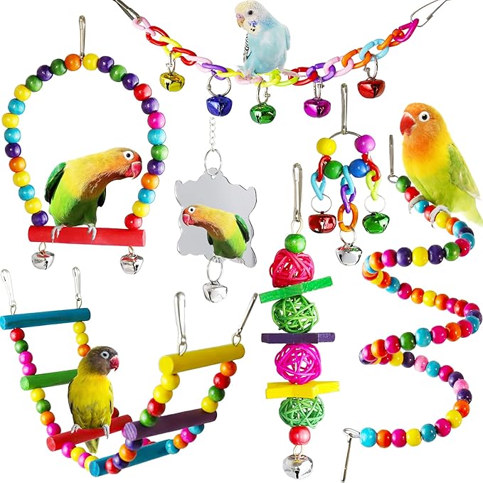 Bird Parakeet Cockatiel Toys, ESRISE Parrots Cage Hammock Swing Climbing Ladders Wooden Perch Chewing Toy for Budgerigar, Conures, Love Birds, Budgies