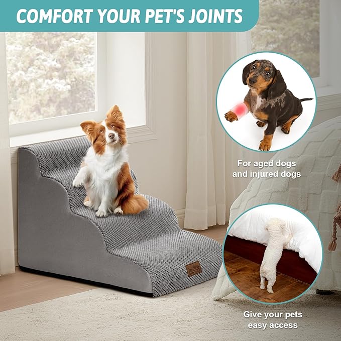 Dog Stairs for Small Dogs 19.7" H, Curved Dog Step for Puppy, Older or Cat, Medium Pet Ramp for Sofa, Couch or Bed, Ladder with High Density Foam, 15.7x28.3x19.7 inch, 4 Step, Grey