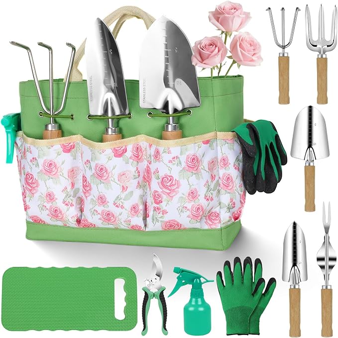 Garden Tool Set,10 Piece Garden Kit,Heavy Duty Stainless Steel Gardening Hand Tools with Durable Storage Tote,Rust-Proof Garden Tools,Gardening Gifts for Women Men Pink Floral Pattern Design