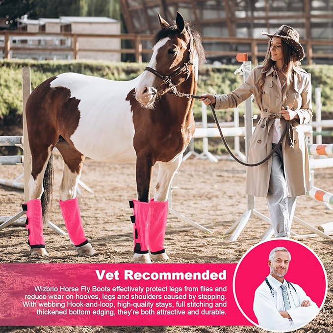 Premium 4-Pack Horse Fly Boots & Leggings Loose-Fit Fine Mesh with Stay-On Fasteners, Support Strips & Anti-Stomp Design Breathable Non-Slip Protection Leg Wrap (Large) Rose Pink