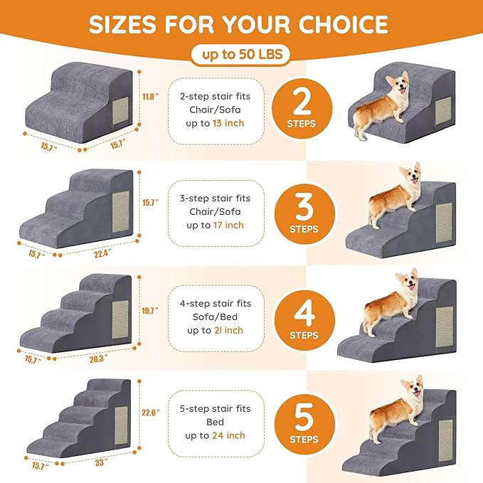 Dog Stairs for Small Dogs, 4-Step Dog Ramp for Bed 19.7" H, Dogs Steps for Bed, Couch, Pet Stairs with Non-Slip Bottom Design, Cat Scratching, High Density Foam Portable Pet Steps, Indoor, Grey