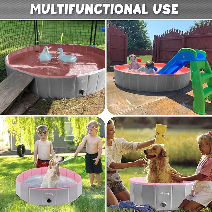 Furrybaby Dog Pool, Kiddie Pool Hard Plastic, Collapsible Pet Bath Foldable Swimming Pet Pool Portable Pink 32''