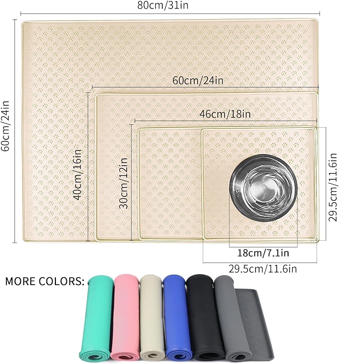 Ptlom Silicone Pet Placemat for Dog and Cat, Waterproof Non-Slip Pet Feeding Bowl Mats for Food and Water, Small Medium Large Tray Mat Prevent Residues from Spilling to Floor, Beige, 24.5" 16.5"