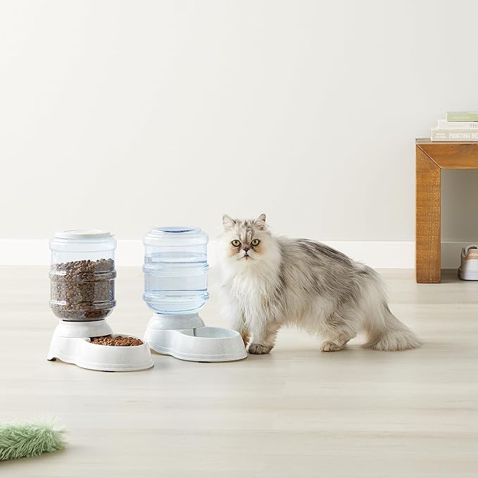 Amazon Basics Automatic Dog Cat Water Dispenser Gravity Feeder Set, Pack of 2, Small, 6-Pound Food Capacity, 1-Gallon, Gray