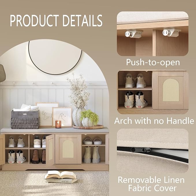 DINZI LVJ Shoe Bench, Entryway Storage Bench with Doors, Cushion, 2-Tier Shoe Rack with 8-Cubby, 47.2”L x 13.8”W Shoe Organizer Cabinet, Adjustable Shelf, Living Room, Bedroom, Natural with Rattan
