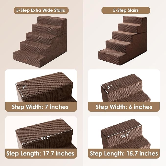 EHEYCIGA Dog Stairs for High Bed 25" H, 5-Step Extra Wide Dog Steps for Bed, Pet Steps for Small Dogs and Cats, Non-Slip Balanced Pet Ramp Indoor, Brown