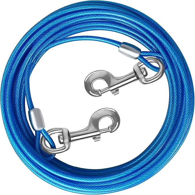 10/15/20/25/30 FT Dog Tie Out Cable - Steel Wire Dog Runner with Durable Clips for Outside Lead - Blue - Up to 165 lbs