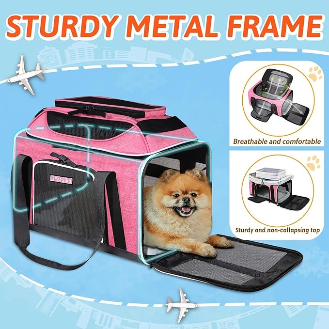 Petskd Top-Expandable Pet Carrier 18x11x11 Inches Delta American United Airline Approved, Soft-Sided Carrier for Small Cats and Dogs with Locking Safety Zippers and Anti-Scratch Mesh(Pink)