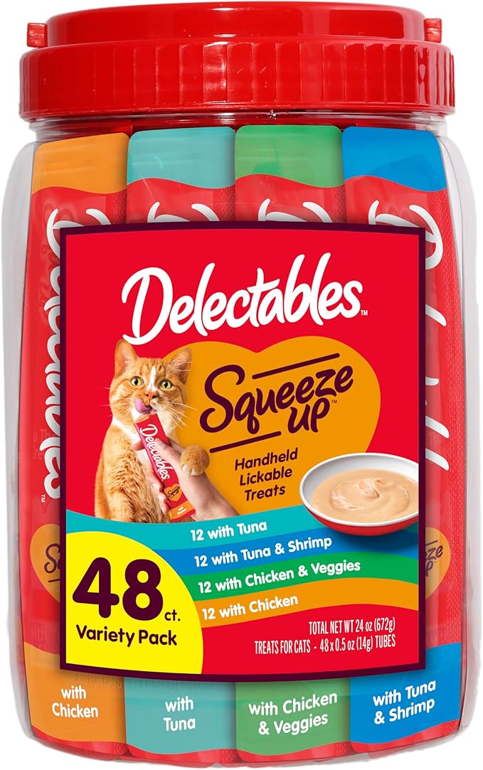 Delectables Squeeze Up Variety Pack, Creamy Squeezable Puree, Lickable Wet Cat Treats, Grain Free, No Added Fillers, No by-Products, No Added Preservatives, 0.5 Ounces Tube, 48 Tubes Total