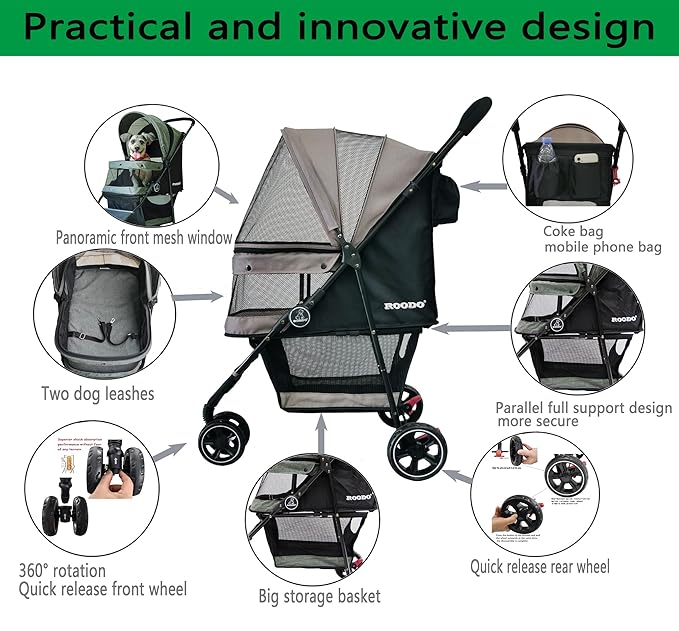 ROODO Escort 3 Wheel Dog Cat Pet Stroller for Small/Medium Dogs Cats Best Lightweight Foldable Portable Compact Jogger All Terrain Travel Pet Gear System Puppy Doggie Bunny Kitty Stroller(Grey)