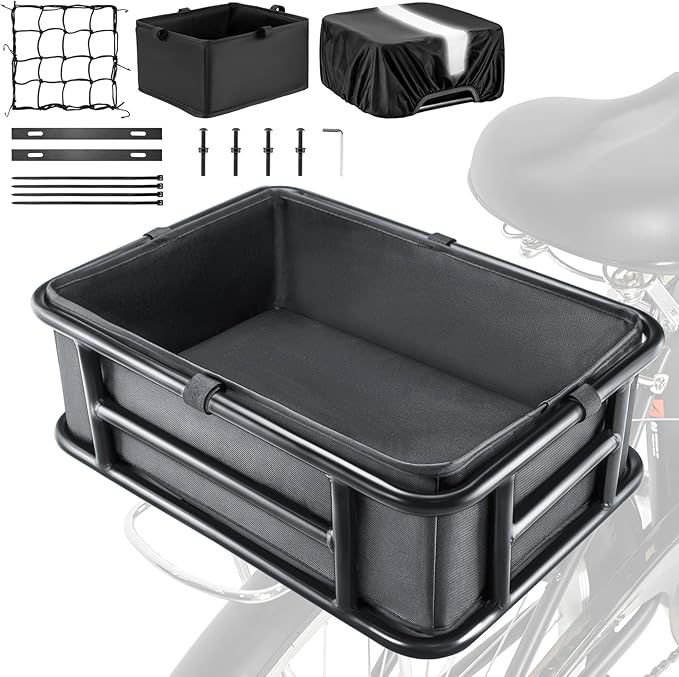 Bike Basket Rear with Liner,Waterproof Cover,Cargo Net Large Rear Bike Basket,Heavy Duty Bicycle Rear Basket for Electric Bike, Ebike,Great for Bike Trip,Carrying Grocery,Ball,Dog