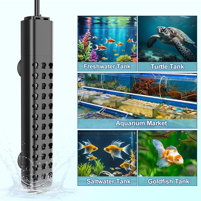 Submersible Aquarium Heater 100W/200W/300W/500W, Fish Tank Heater with high-Temperature Protection and Turtle Tank Heater with Automatic Power-Off When Leaving seawater or Freshwater.