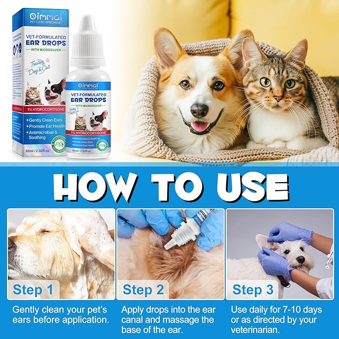 Dog Cat Ear Infection Treatment Drops, Pets Ear Cleaning Drops with 1% Hydrocortisone for Dog & Cats Yeast Infection, Itchy Ear Relief, Pet Ear Care Supplies for Dogs & Cats -2fl oz(2PCS)