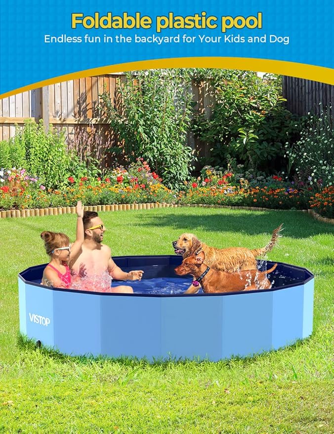 VISTOP Jumbo Foldable Dog Pool, Hard Plastic Shell Portable Swimming Pool for Dogs Cats and Kids Pet Puppy Bathing Tub Collapsible Kiddie Pool (77inch.D x 15.7inch.H, Blue)
