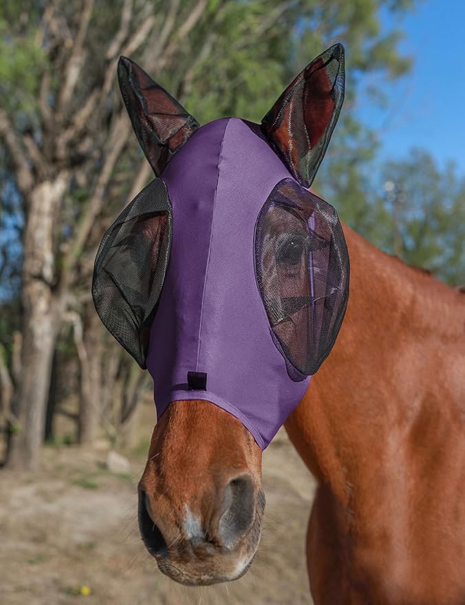 Horse Fly Mask with Ears, UV Protection for Horses, Elasticity with Big Mesh Eye Covers, Snug Fitting Comfortable Breathable Lightweight for Horses Deep Purple Full Size