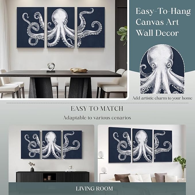 Octopus Wall Decor, Octopus Canvas Wall Art, Ocean Wall Decor,Sea Animal Canvas to Paint for Bathroom, Living Room, Bedroom (12" x 18" x 3 pcs)