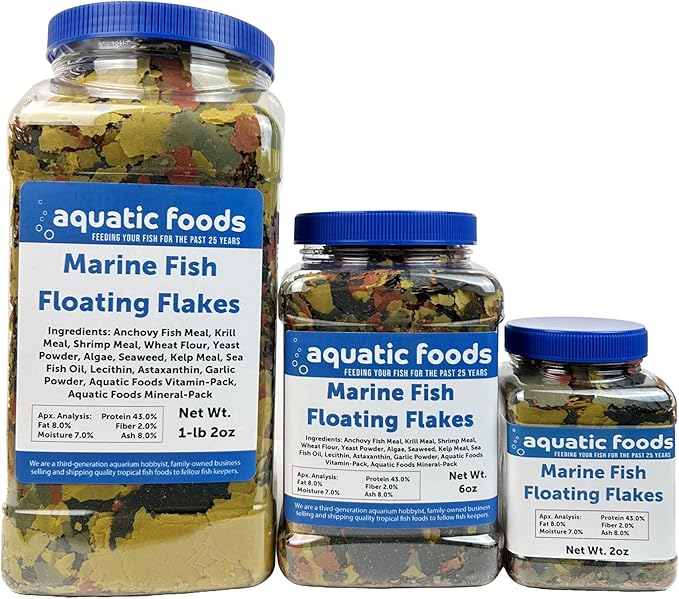 Aquatic Foods Inc. Marine Fish Flakes of Red & Green Algae, Seaweed for Tangs, Butterflies, Angelfish, Anthias, Clown Fish, Damsels Also Pellet Mix, Wafer Mix Included… AFI 1-lb 2oz