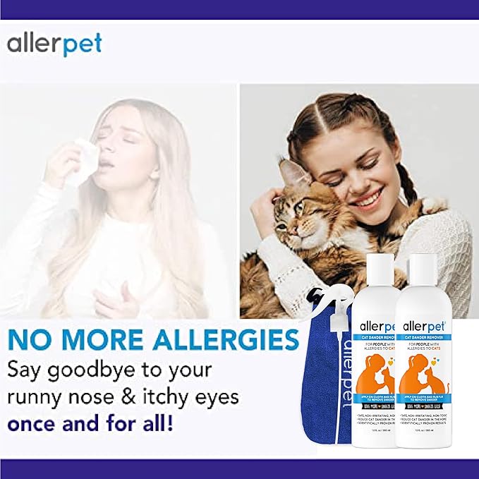 Allerpet Cat Dander Remover w/Free Applicator Mitt & Sprayer - Effective Cat Dander Reduction - Anti Allergen Solution Made in USA - 2 Pack (12oz)