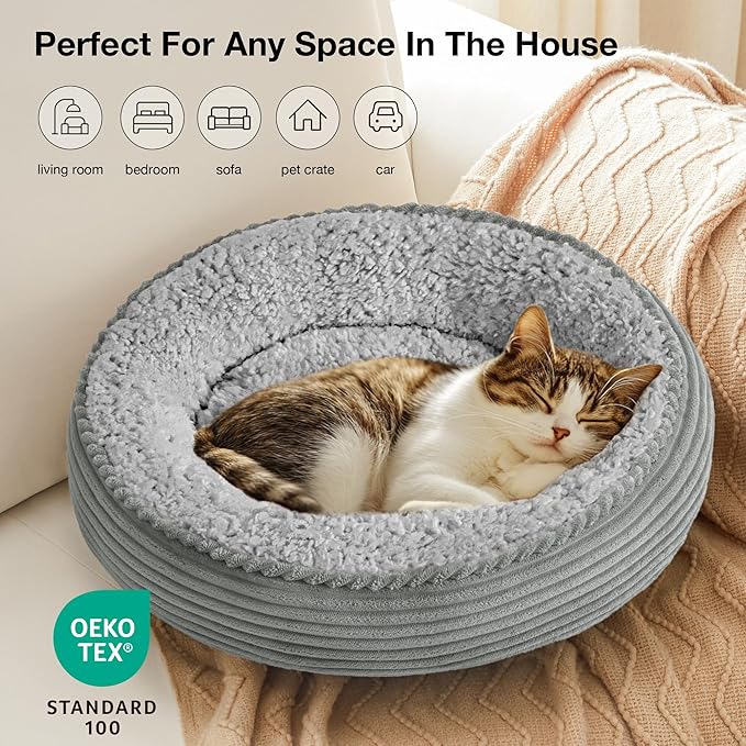 Love's cabin Round Donut Cat and Dog Cushion Bed, 20in Pet Bed for Cats or Small Dogs, Anti-Slip & Water-Resistant Bottom, Super Soft Durable Fabric Pet beds, Washable Luxury Bed Solid Grey Stripe