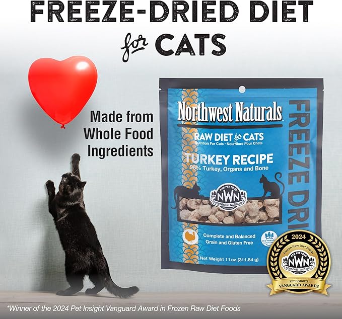 Northwest Naturals Freeze-Dried Turkey Cat & Kitten Food – Bite-Sized Nibbles – Healthy, Limited, Human-Grade Ingredients, All-Natural, High-Protein Raw Diet – Complete & Balanced, Made in USA, 11 oz