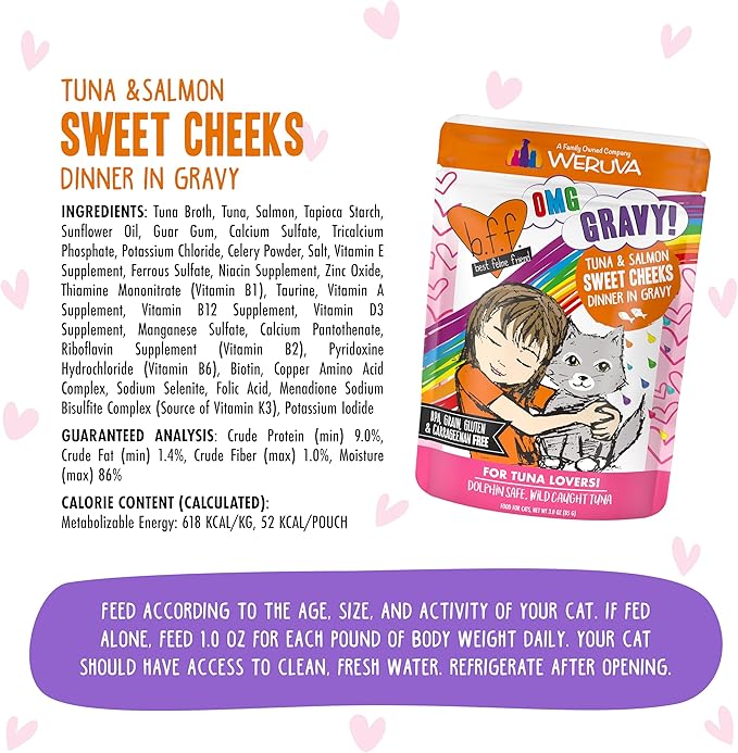 Weruva B.F.F. OMG - Best Feline Friend Oh My Gravy!, Tuna & Salmon Sweet Cheeks with Tuna & Salmon in Gravy Cat Food, 3oz Pouch (Pack of 12)