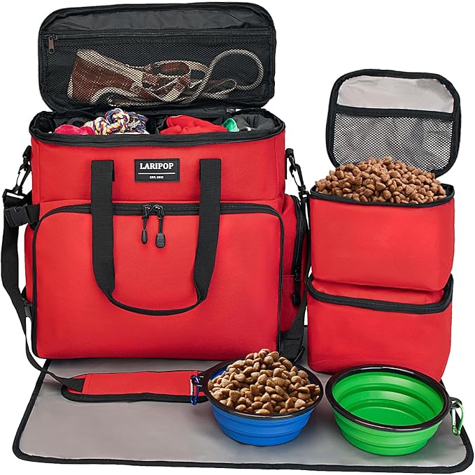 Dog Travel Bag,Weekend Pet Travel bag Set for Dog and Cat,Airline Approved Tote Multi-Function Bags for Traveling,Include 2 Collapsible Bowls,2 Food Storage Containers,1 Feeding Mat,Red