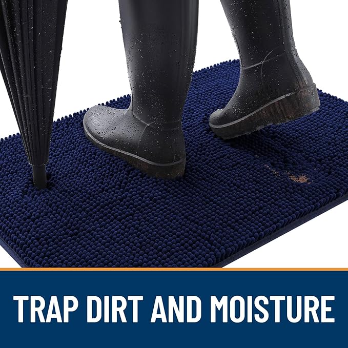 OLANLY Dog Door Mat Set 4-Piece 24x16, Absorbs Moisture and Dirt, Absorbent Non-Slip Washable Doormat, Quick Dry Chenille Mud Mat for Dogs, Entry Indoor Entryway Carpet for Inside Floor, Navy Blue