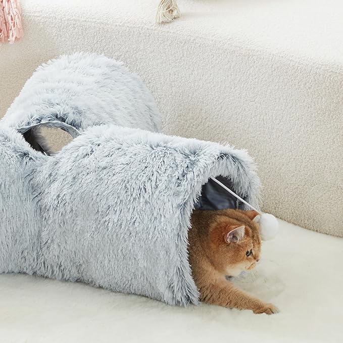 Tempcore Plush Pet Cat Tunnel Tube Cat Toys 3 Way Collapsible, Tunnels for Indoor Cats，Kitty Tunnel Bored Pet Toys Peek Hole Toy Ball Puppy, Kitty, Kitten, Rabbit Light Grey