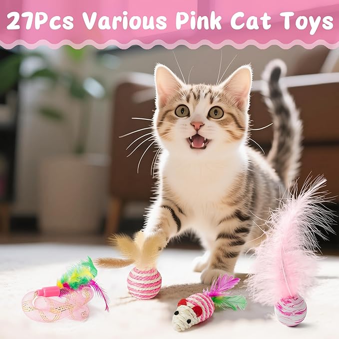 MALLMALL6 Cat Interactive Toys Set - 27Pcs Kitten Toys Stuff Pink Feather Teaser Wand Springs Mice Sisal Fish Crinkle Balls Bell Balls, Puzzle Gift Pack for Indoor Kitty Play Exercise