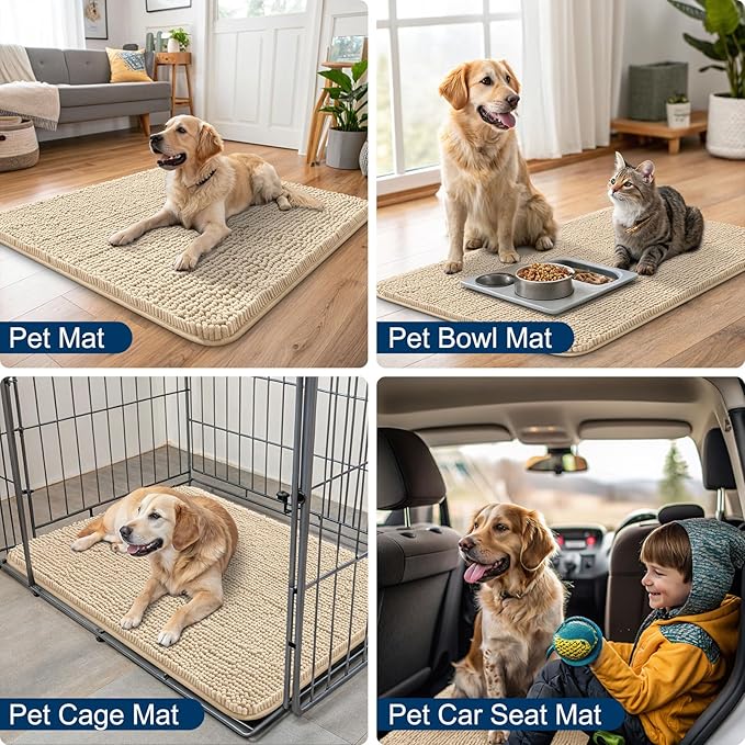 Smiry Dog Door Mat for Muddy Paws 36x24, Absorbs Moisture and Dirt Doormat, Non-Slip Washable Quick Dry Chenille Front Door Mat Indoor Entrance, Entryway Carpet for Inside Floor, Beige