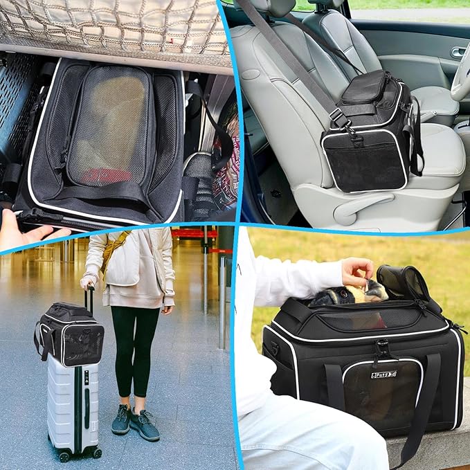 Petskd Top-Expandable Pet Carrier 18x13x9.5 Inches Southwest Airline Approved, Soft-Sided Carrier for Small Cats and Dogs with Locking Safety Zippers and Anti-Scratch Mesh(Black)