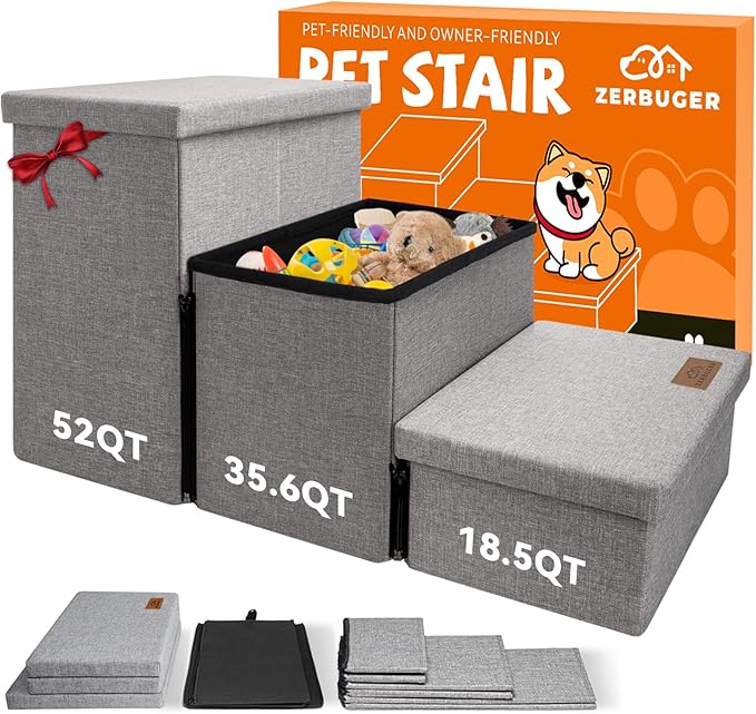 Wider Dog Stairs with Storage 18" H, 3-Step Sturdy Dog Steps for Large/Medium/Small Older Dogs Cats, Folding Pet Stairs Climbing Bed or Couch, Ramp for Car Up to 200 lbs (Gray, No Condo)
