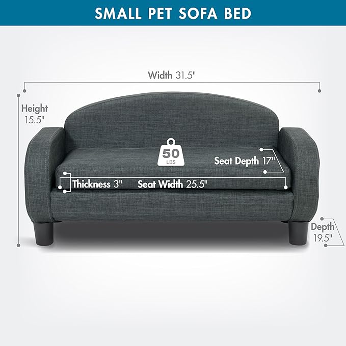 Paws & Purrs Cat Sofa Bed, Pet Couch for Indoor Cats Elevated Cat Beds with Removable Washable Mattress Cover for Kitten, Puppy or Small Animal- 31.5" Wide, Gray