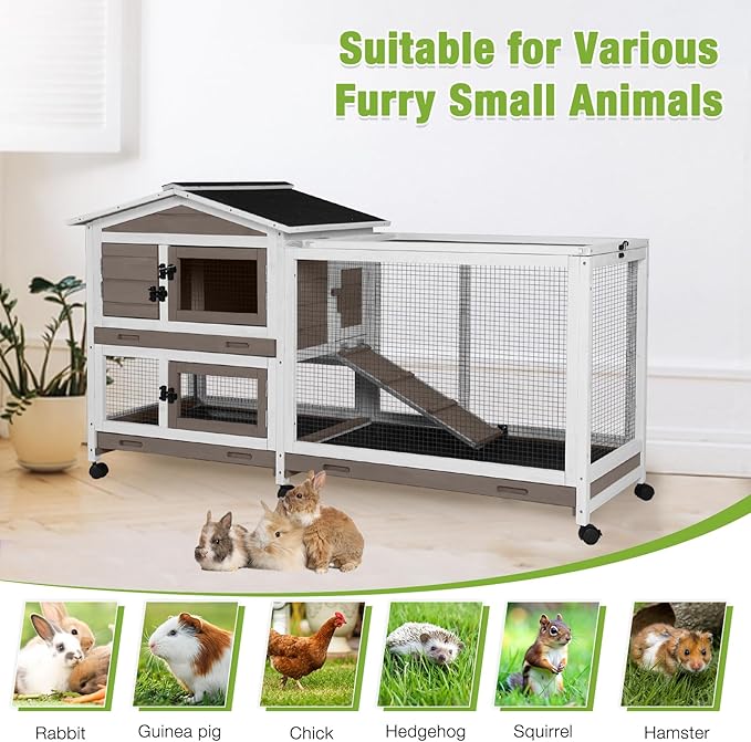 GUTINNEEN Rabbit Cage Indoor Bunny Hutch with Chew-Proof Ramp - 2 Story Guinea Pig Cages Outdoor with 6 Wheels, Leakproof Pull-Out Tray for Rabbits, Guinea Pigs (Brown)