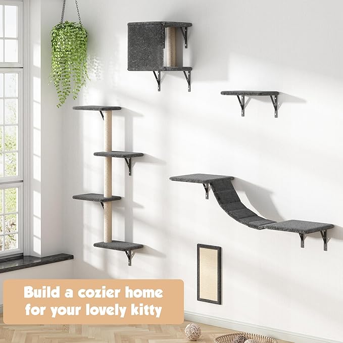 COZIWOW Wall Mounted Cat Furniture, Cat Wall Shelves and Perches, Floating Cat Shelves for Wall Set of 5 (Grey)