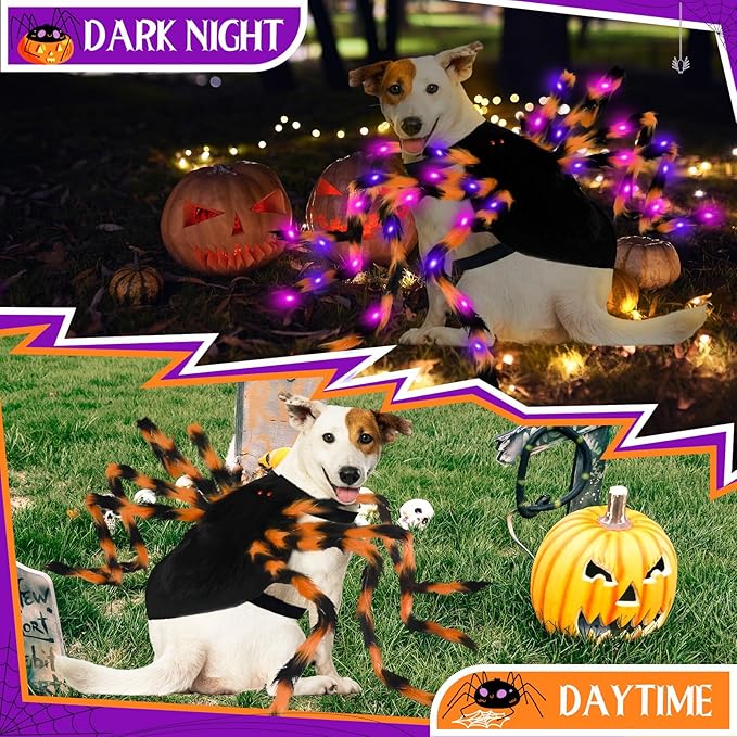 OurWarm Dog Halloween Costumes for Pets 64 LED Furry Giant Dog Spider Costume Funny Dogs Costumes for Medium Large Dogs Halloween Party Decor Puppy Pets Outfits Cosplay