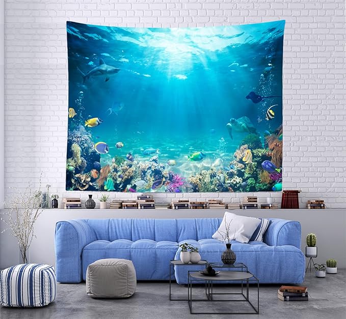 Loccor Underwater World Tapestry Large Blue Ocean Wall Hanging 105X70 Inches Under the Sea Coral Reef Wall Tapestry Tropical Fish Tank Undersea Tapestries Marine for Bedroom Living Room Dorm Decor