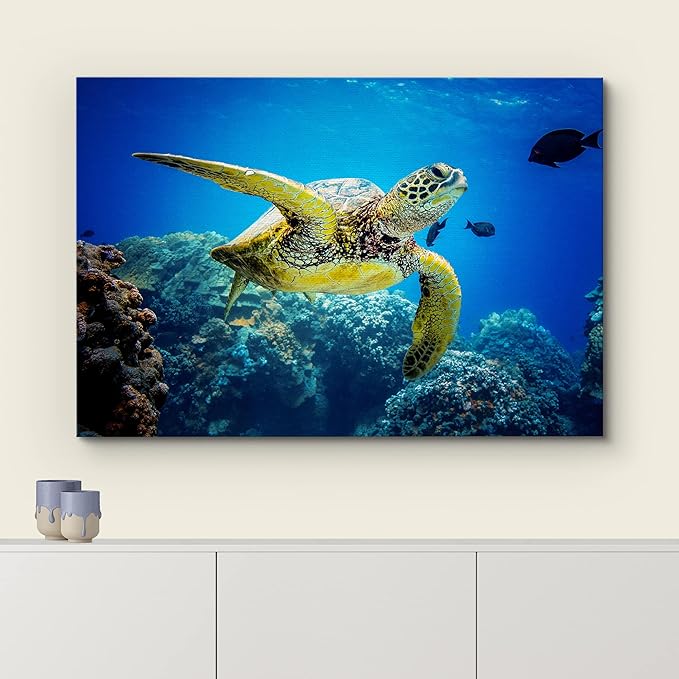 wall26 Canvas Print Wall Art Vibrant Ocean Underwater Swimming Turtle Nature Animals Photography Realism Rustic Scenic Landscape Wilderness Earth Colorful for Living Room, Bedroom, Office - 32"x48"