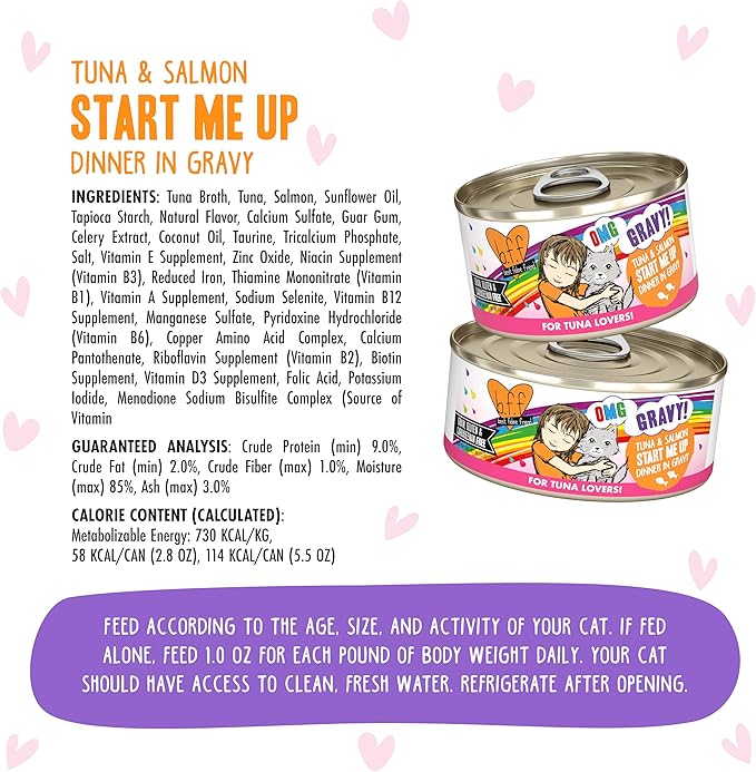 Weruva B.F.F. OMG - Best Feline Friend Oh My Gravy!, Tuna & Salmon Start Me Up with Tuna & Salmon, 2.8oz Can (Pack of 12)