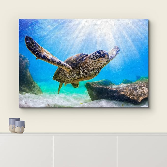 wall26 Canvas Print Wall Art Sunlight Ray Tropical Turtle Swimming Ocean Nature Animals Photography Realism Rustic Scenic Landscape Wilderness Colorful for Living Room, Bedroom, Office - 24"x36"