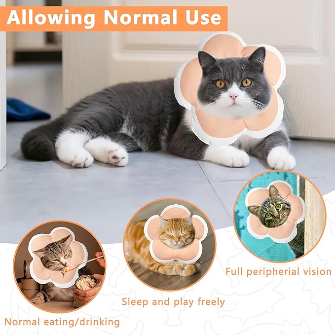 Cat Cone Collar Soft, Waterproof Cats Cones to Stop Licking After Surgery, Adjustable Soft Elizabeth Cats Collars for Wound Healing, Flower Shape Cat Recovery Collar (Pastel Orange, Large)