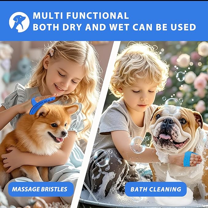 Ultra-Soft Pet Grooming Brush with Adjustable Ring - Ideal for Dogs & Cats of All Hair Types - Bath, Shower & Massage Tool (Blue, 1-Pack)