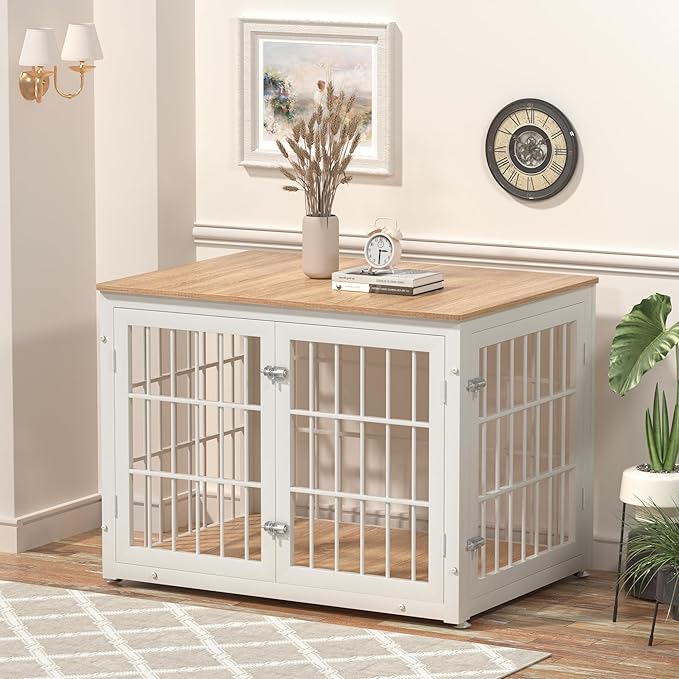 38 Inch Heavy Duty Dog Crate Furniture for Large and Medium Dogs, Decorative Pet House End Table, Wooden Cage Kennel Furniture Indoor, Natural and White