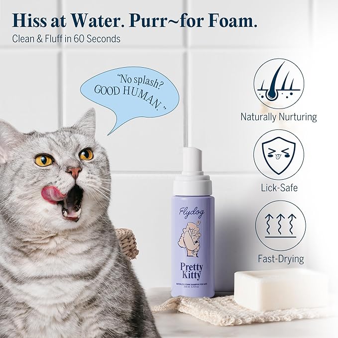 Pretty Kitty Waterless Cat Dry Shampoo – No Rinse, Lick-Safe, Moisturizing for Dry Skin, Detangler, Deshedding, Itchy Skin– Soap-Free Spray Foam for Kittens, Grooming Bathing Hydrat Softening Formula