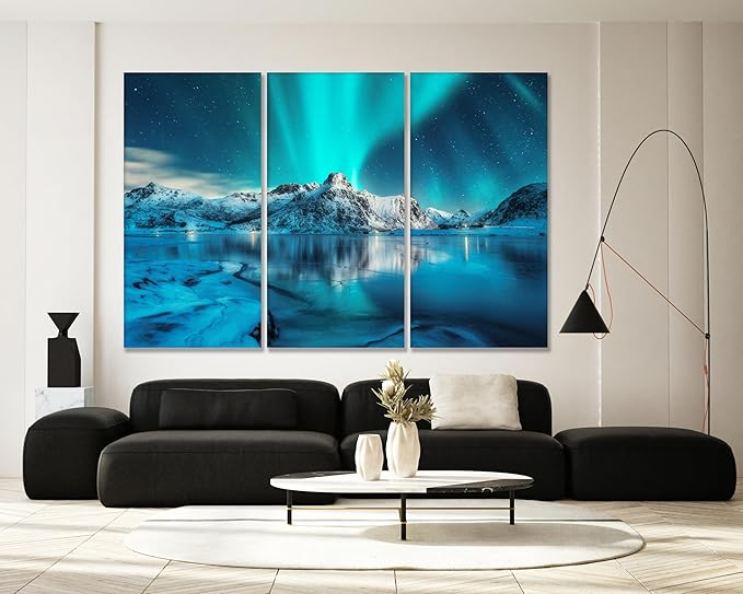 Nature Wall Art Prints - Ocean Forest Mountain Lake Canvas Landscapes - Small to Extra Large Living Room Bedroom Kitchen Bathroom Décor (Northern Lights Over Lake, 35L" x 53W" - 3 Panels)