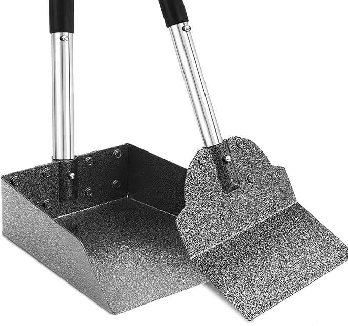Dog Pooper Scooper, Metal Tray & Spade with 38.2" Long Handle | Large Dog Poop Scooper: 9.5x9x3.1in Tray, 7.7x6in Spade, No-bend Pickup, Yard and Kennel, Tool-free Setup