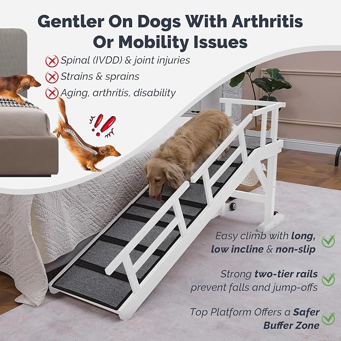 Dog Ramp for Bed or Couch, Wooden Pet Ramp with 20° Gentle Slope, Removable Side Rails, Non-Slip Surface, Top Platform & Wheels, Safe Bed Ramp for Small, Medium & Senior Dogs, 60" Long, White
