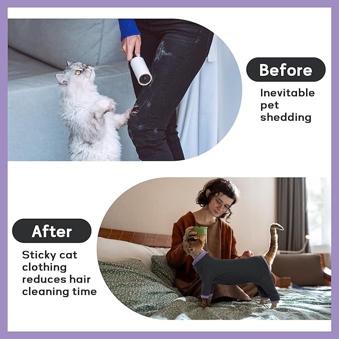 PUMYPOREITY Sticky Hair Cat Clothes, Prevent Hair Loss Cat Pajamas, Soft Cat Sweaters for Cats Only, Cat Hair Sticky Onesie, Cat Recovery Suit After Surgery, Black, 2XL