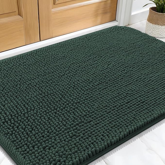 OLANLY Dog Door Mat for Muddy Paws 30x20, Absorbs Moisture and Dirt, Absorbent Non-Slip Washable Doormat, Quick Dry Chenille Mud Mat, Entry Indoor Entryway Carpet for Inside Floor, Blackish Green